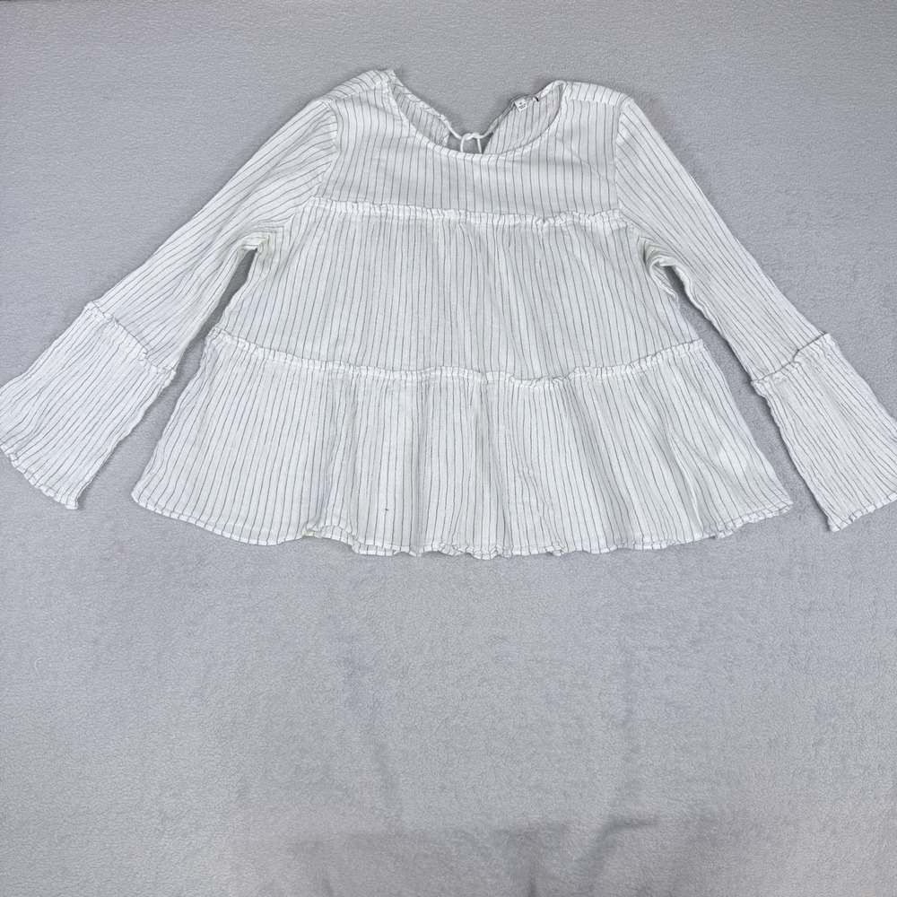 Madewell Tiered Blue Haysboro Stripe Top Wm Md Back Pom Pom Tie Bell Sleeve